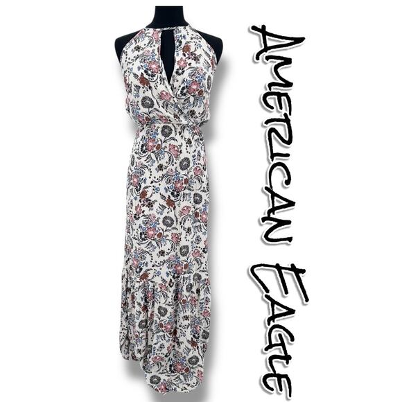 American Eagle Outfitters Halter Floral Maxi Dress Neutral Tassel Womens Sz S - Picture 1 of 12